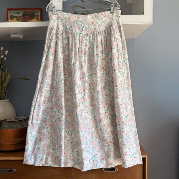 Vtg 90s Susan Bristol Floral Cotton Button Front Midi Skirt Pockets Cottage - Picture 3 of 5